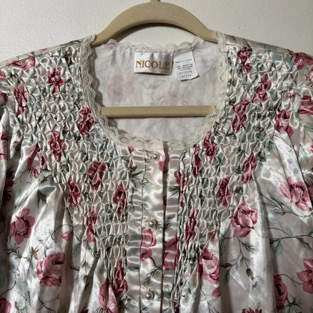 Nicole Women's Nightgown Medium NWT Floral Satin Design Smocked Lace
